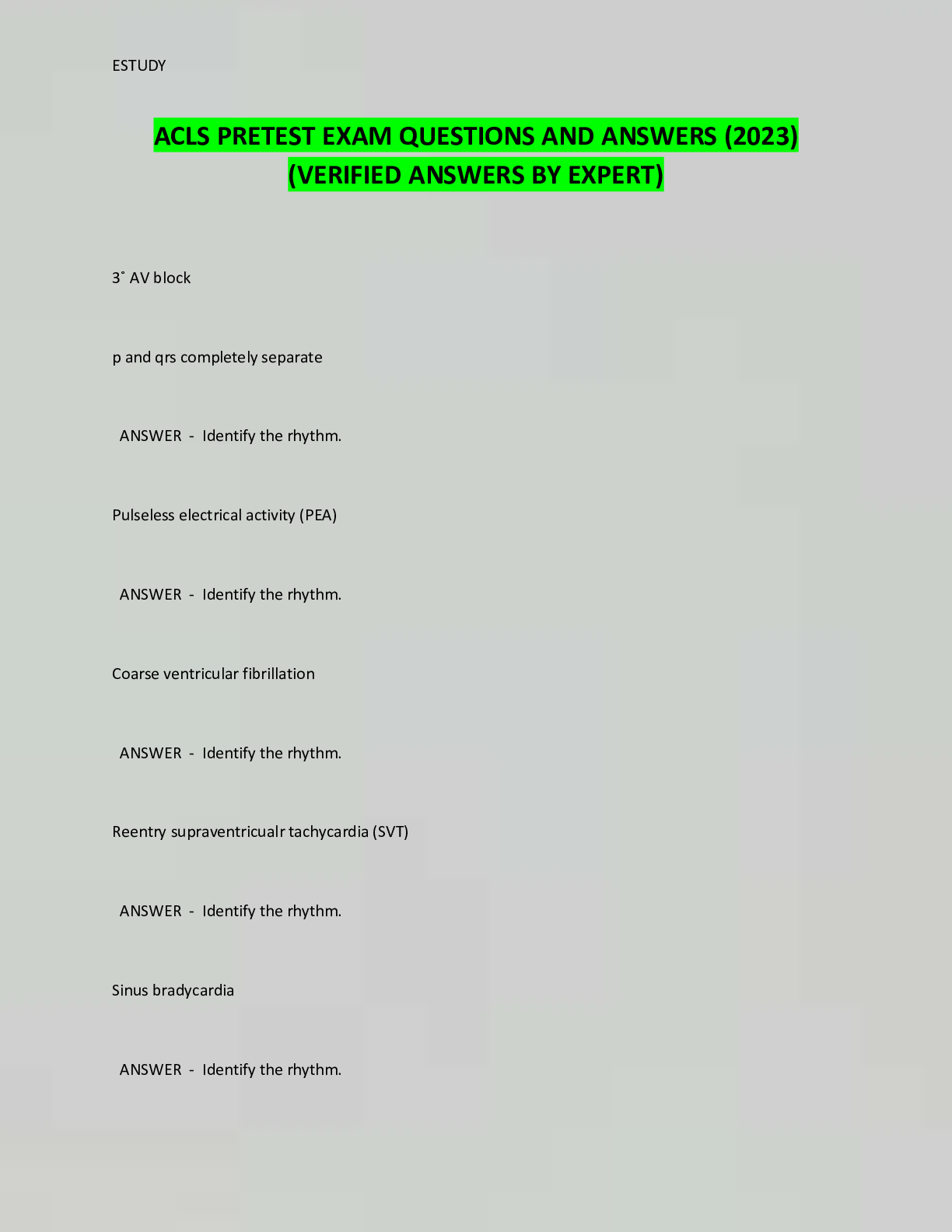 Preview image for ACLS PRETEST EXAM QUESTIONS AND ANSWERS (2023)  (VERIFIED ANSWERS BY EXPERT)